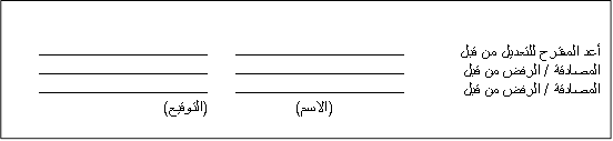 أعد المقترح للتعديل من قبل	ــــــــــــــــــــــــــــــــــــــــــــــــــ	ــــــــــــــــــــــــــــــــــــــــــــــــــ
المصادقة / الرفض من قبل	ــــــــــــــــــــــــــــــــــــــــــــــــــ	ــــــــــــــــــــــــــــــــــــــــــــــــــ
المصادقة / الرفض من قبل	ــــــــــــــــــــــــــــــــــــــــــــــــــ	ــــــــــــــــــــــــــــــــــــــــــــــــــ
	(الاسم)	(التوقيع)

