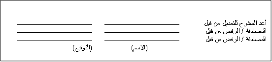 أعد المقترح للتعديل من قبل	ــــــــــــــــــــــــــــــــــــــــــــــــــ	ــــــــــــــــــــــــــــــــــــــــــــــــــ
المصادقة / الرفض من قبل	ــــــــــــــــــــــــــــــــــــــــــــــــــ	ــــــــــــــــــــــــــــــــــــــــــــــــــ
المصادقة / الرفض من قبل	ــــــــــــــــــــــــــــــــــــــــــــــــــ	ــــــــــــــــــــــــــــــــــــــــــــــــــ
	(الاسم)	(التوقيع)

