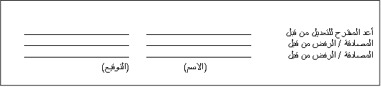 أعد المقترح للتعديل من قبل	ــــــــــــــــــــــــــــــــــــــــــــــــــ	ــــــــــــــــــــــــــــــــــــــــــــــــــ
المصادقة / الرفض من قبل	ــــــــــــــــــــــــــــــــــــــــــــــــــ	ــــــــــــــــــــــــــــــــــــــــــــــــــ
المصادقة / الرفض من قبل	ــــــــــــــــــــــــــــــــــــــــــــــــــ	ــــــــــــــــــــــــــــــــــــــــــــــــــ
	(الاسم)	(التوقيع)


